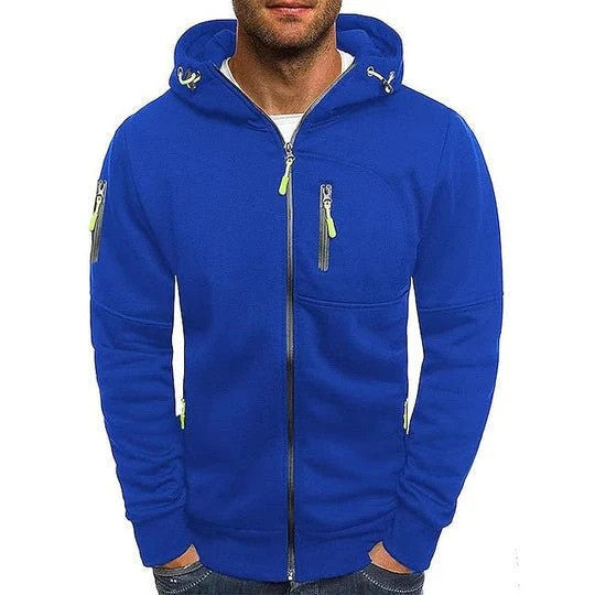 Blauer Herren-Kapuzenpullover mit Reißverschluss, Taschen und Kordelzug. Modischer Hoodie für Freizeit und Sport. Bequem und stilvoll.