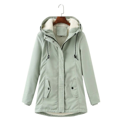 Damen Winterjacke mit Kapuze, hellgrün, warm gefüttert, modisch, wasserdicht, ideal für kalte Tage, stilvoller Parka für Damen.