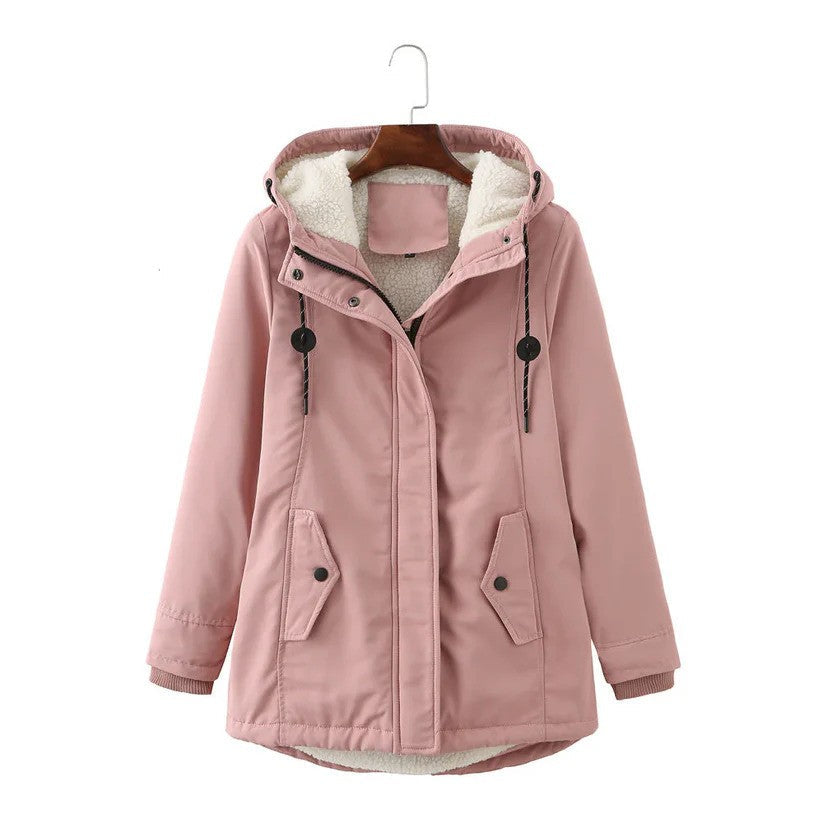 Rosa Damen-Winterjacke mit Kapuze, warm gefüttert, modisch, mit Knöpfen und Taschen, ideal für kalte Tage. Perfekt für Wintermode.
