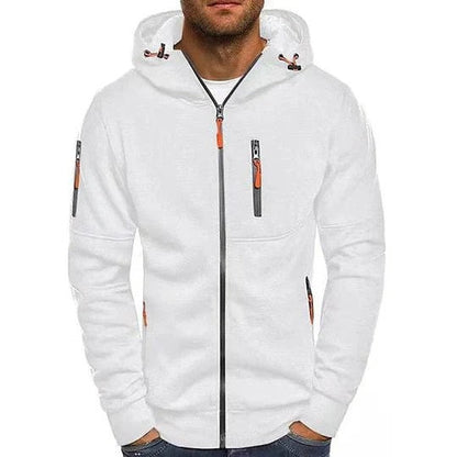 Weiße Herren-Kapuzenjacke mit Reißverschlüssen und Taschen, sportlich und modern, ideal für Freizeit und Outdoor-Aktivitäten.