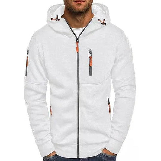 Weiße Herren-Kapuzenjacke mit Reißverschlüssen und Taschen, sportlich und modern, ideal für Freizeit und Outdoor-Aktivitäten.