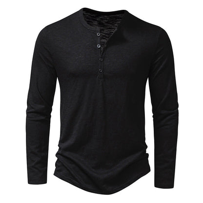 Schwarzes Herren-Langarmshirt mit Knopfleiste, modisches Design, ideal für Freizeit und Alltag, aus weichem, atmungsaktivem Material.