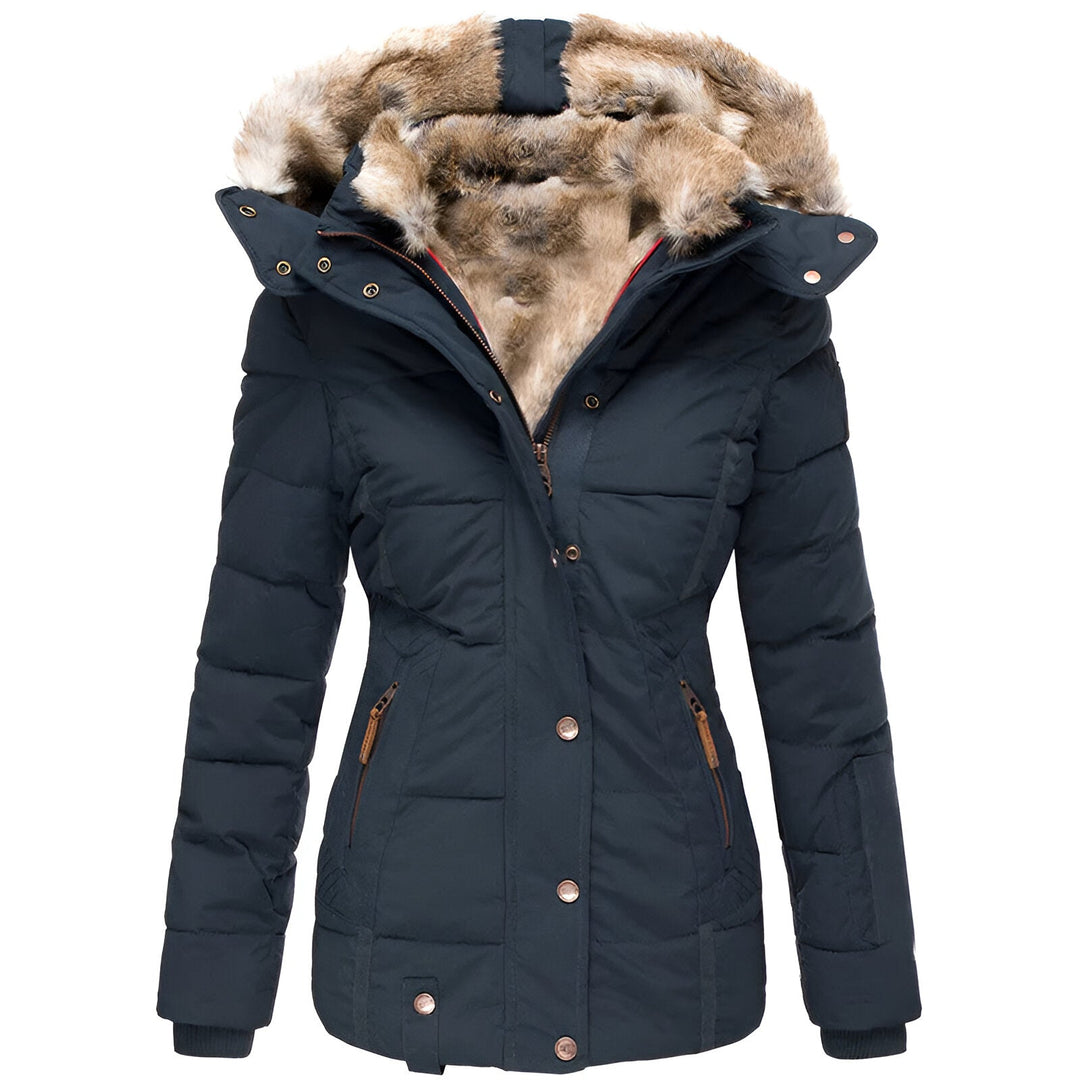 Damen Winterjacke mit Kapuze, Kunstfellbesatz, dunkelblau, gesteppte Optik, Reißverschlusstaschen, warm gefüttert, modisch und funktional.