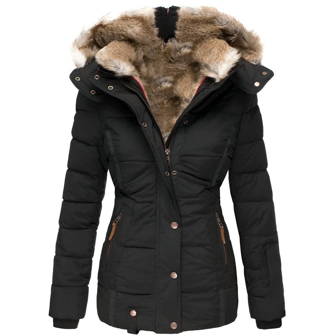 Schwarze Damen-Winterjacke mit Kapuze und Kunstfellfutter, gesteppte Optik, Reißverschluss, Taschen, ideal für kalte Temperaturen.