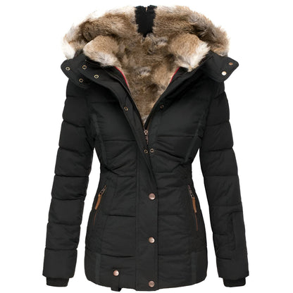 Schwarze Damen-Winterjacke mit Kapuze und Kunstfellfutter, gesteppte Optik, Reißverschluss, Taschen, ideal für kalte Temperaturen.