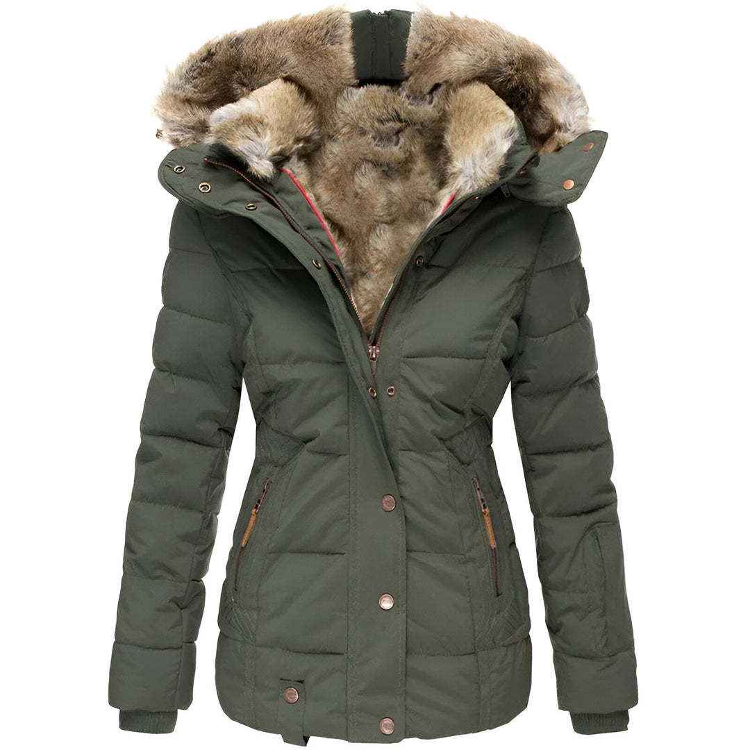 Damen Winterjacke olivgrün, gefüttert mit Kunstfellkapuze, gesteppte Optik, warm, modisch, ideal für kalte Temperaturen, Outdoor-Bekleidung.