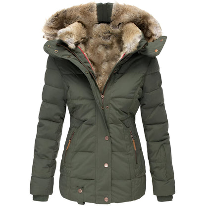 Damen Winterjacke olivgrün, gefüttert mit Kunstfellkapuze, gesteppte Optik, warm, modisch, ideal für kalte Temperaturen, Outdoor-Bekleidung.