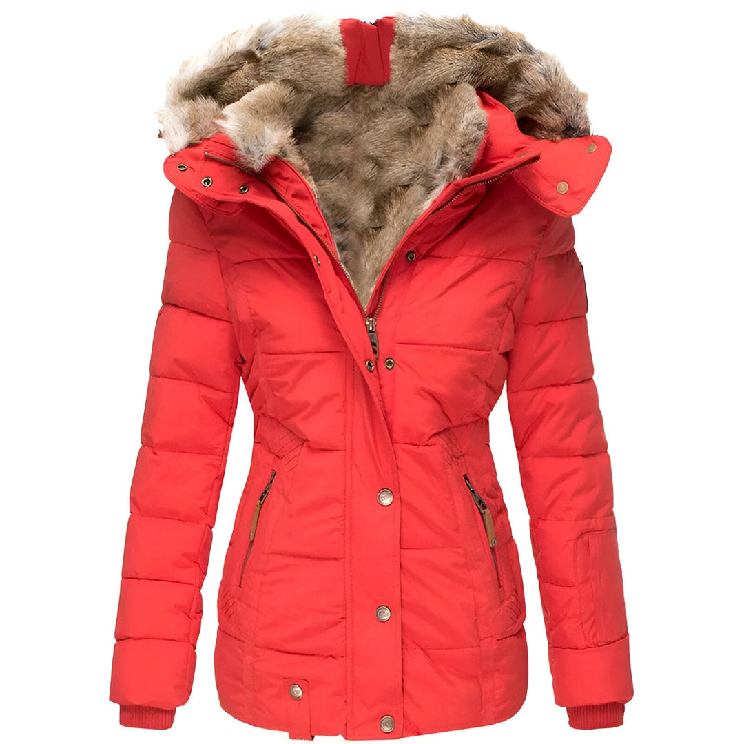 Rote Damen-Winterjacke mit Kapuze und Kunstfellfutter, gesteppte Optik, Reißverschluss und Druckknöpfe, ideal für kalte Temperaturen.