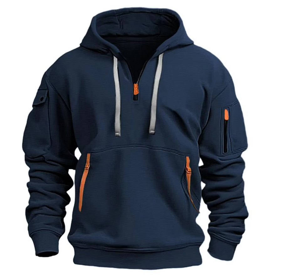 Dunkelblauer Herren-Hoodie mit Kapuze, Reißverschlüssen und Taschen. Modischer Freizeitpullover, ideal für Herbst und Winter.