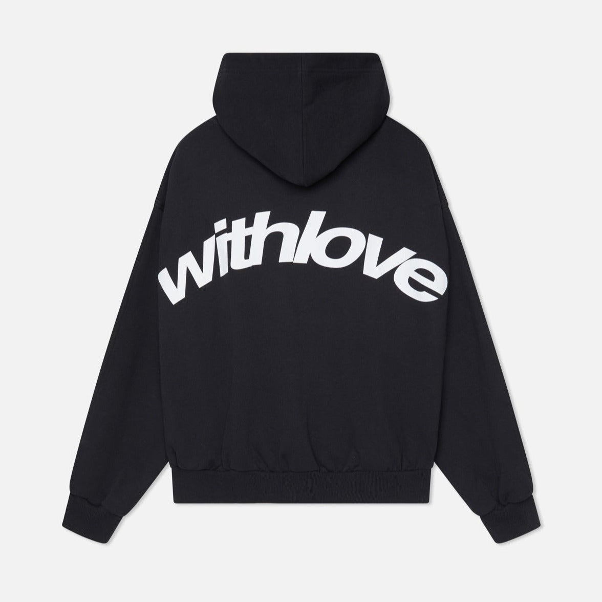 Schwarzer Hoodie mit Kapuze und großem weißen "withlove" Schriftzug auf der Rückseite, modisches Streetwear-Design, Unisex-Pullover.