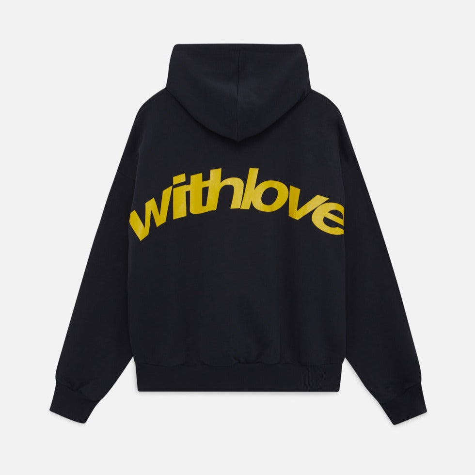 Schwarzer Hoodie mit gelbem "withlove" Schriftzug auf der Rückseite, Kapuze, langärmlig. Modischer Streetwear-Pullover für Herren und Damen.