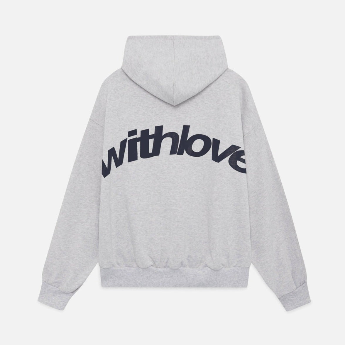 Grauer Kapuzenpullover mit großem schwarzen "withlove" Schriftzug auf der Rückseite. Modischer Hoodie, Unisex, bequem, Streetwear-Stil.