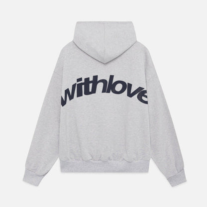 Grauer Kapuzenpullover mit großem schwarzen "withlove" Schriftzug auf der Rückseite. Modischer Hoodie, Unisex, bequem, Streetwear-Stil.