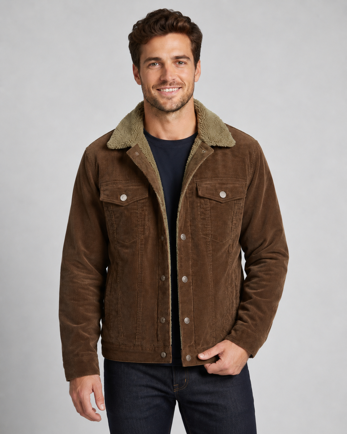 Herren Cordjacke im Trucker‑Stil mit Sherpa‑Kragen