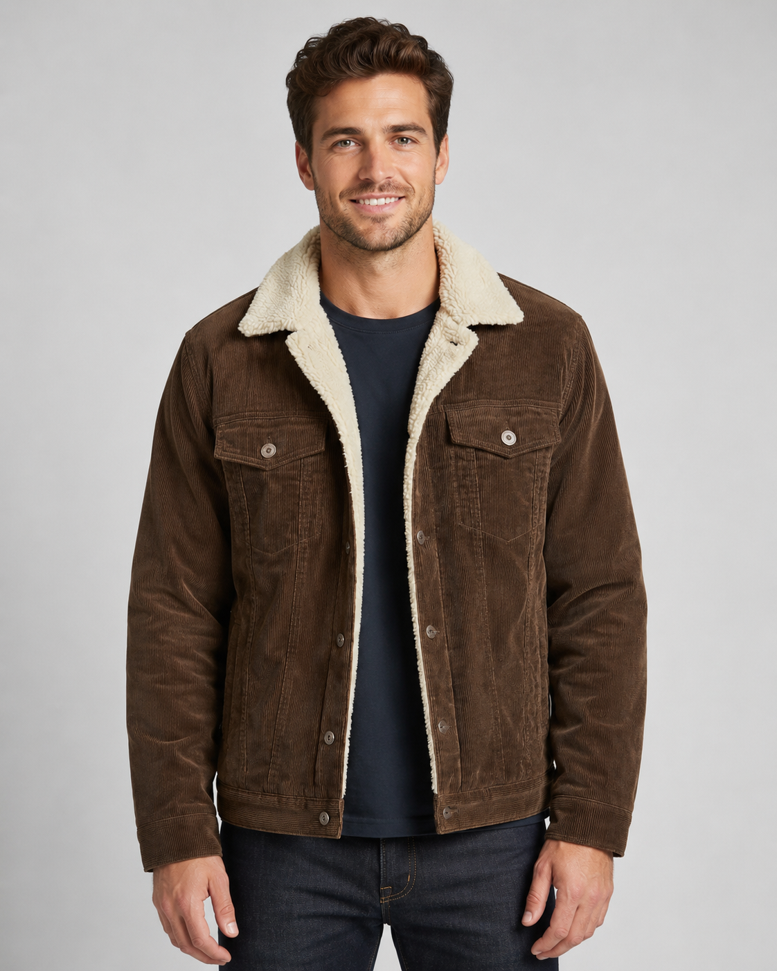 Herren Cordjacke im Trucker‑Stil mit Sherpa‑Kragen