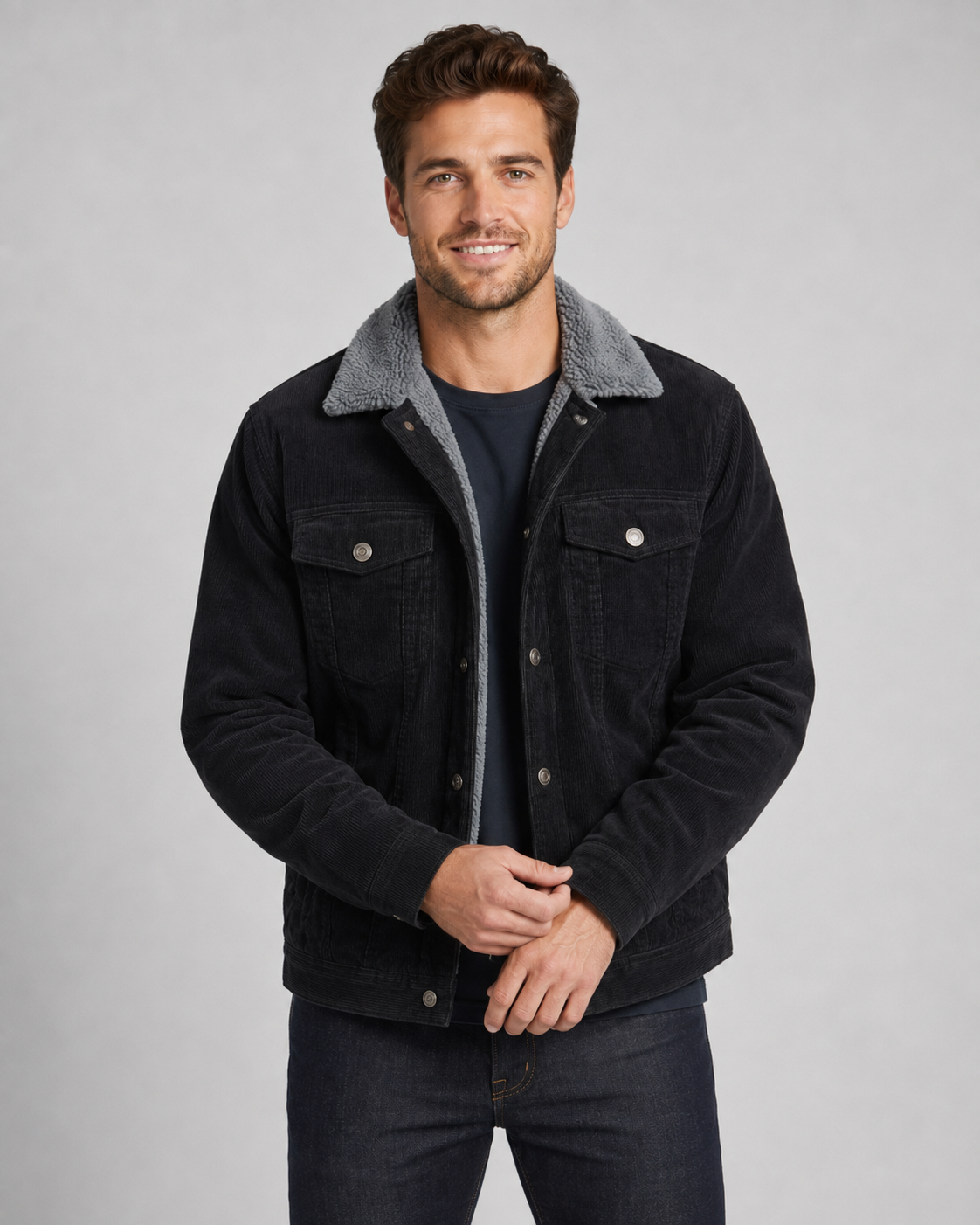 Herren Cordjacke im Trucker‑Stil mit Sherpa‑Kragen