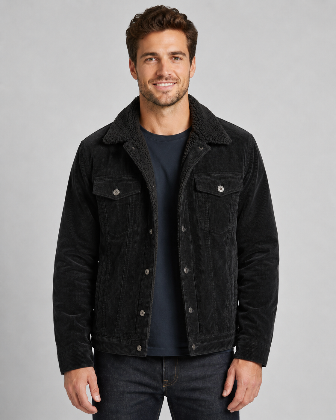 Herren Cordjacke im Trucker‑Stil mit Sherpa‑Kragen