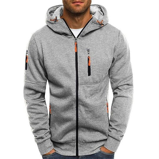 Grauer Herren-Hoodie mit Reißverschlüssen, Kapuze und Taschen. Modischer Freizeitpullover, ideal für Herbst und Winter. Bequem und stilvoll.