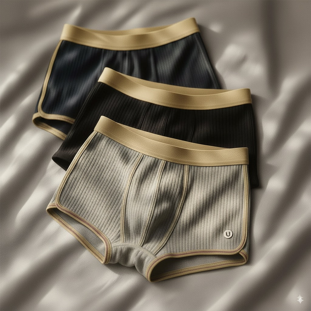 Drei gestreifte Herren-Boxershorts in Schwarz, Grau und Beige auf einem Bett. Bequeme Unterwäsche, stilvolles Design, hochwertige Materialien.