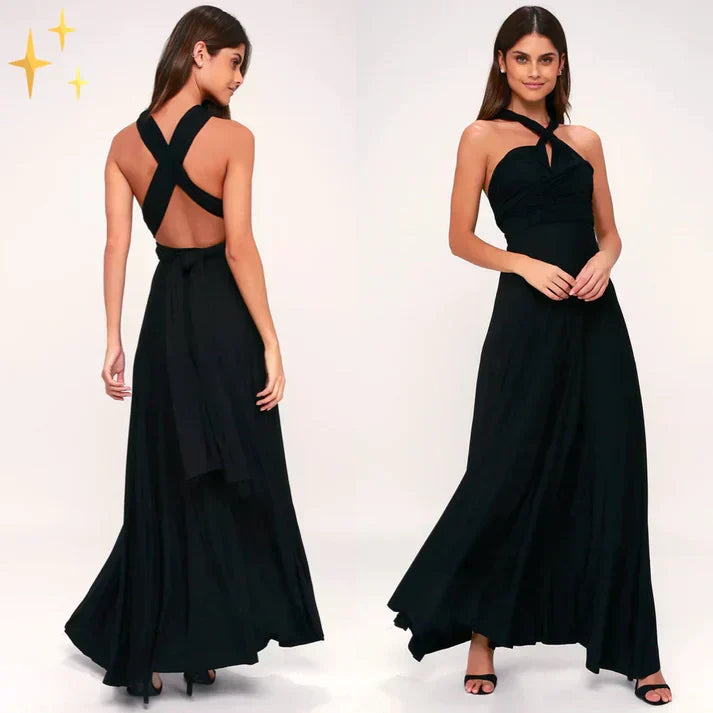 Schwarzes Abendkleid mit Neckholder und Kreuzträgern, elegantes Design, bodenlang, ideal für formelle Anlässe, Damenmode, stilvoll und zeitlos.