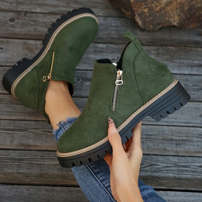 Damen-Stiefeletten aus Leoparden-Wildleder mit seitlichem Reißverschluss und klobiger Profilsohle