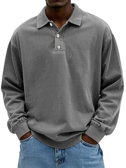 Herren Langarm Vintage-Hemd mit Polokragen und Rippbündchen