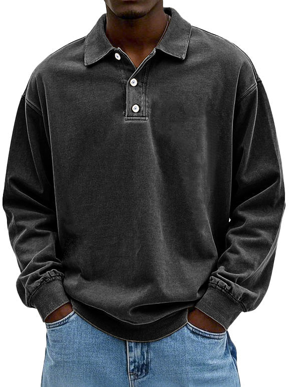 Herren Langarm Vintage-Hemd mit Polokragen und Rippbündchen