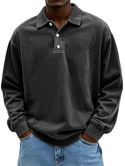 Herren Langarm Vintage-Hemd mit Polokragen und Rippbündchen