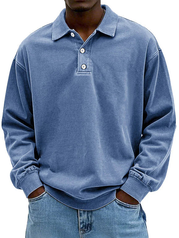 Herren Langarm Vintage-Hemd mit Polokragen und Rippbündchen
