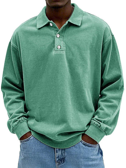 Herren Langarm Vintage-Hemd mit Polokragen und Rippbündchen