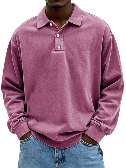 Herren Langarm Vintage-Hemd mit Polokragen und Rippbündchen