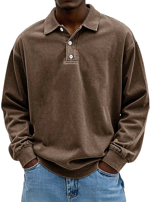 Herren Langarm Vintage-Hemd mit Polokragen und Rippbündchen