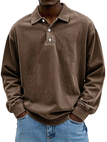 Herren Langarm Vintage-Hemd mit Polokragen und Rippbündchen
