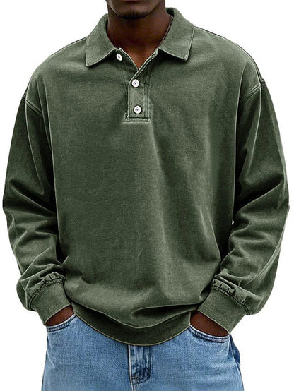Herren Langarm Vintage-Hemd mit Polokragen und Rippbündchen