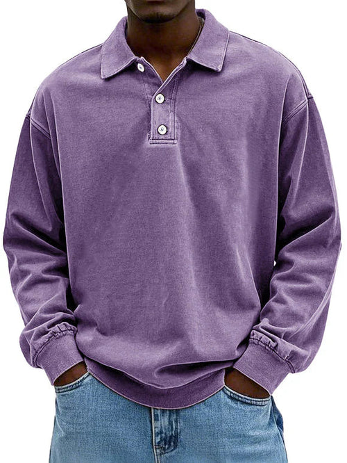 Herren Langarm Vintage-Hemd mit Polokragen und Rippbündchen