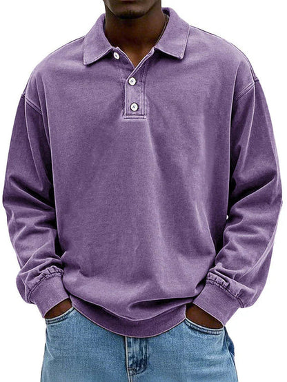 Herren Langarm Vintage-Hemd mit Polokragen und Rippbündchen
