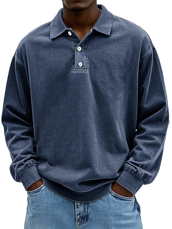 Herren Langarm Vintage-Hemd mit Polokragen und Rippbündchen