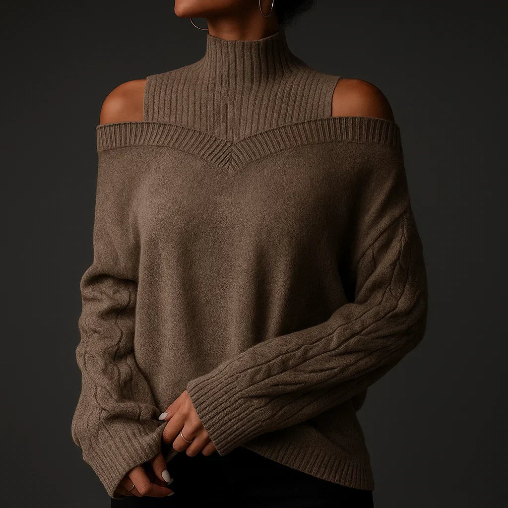 Damen Rollkragenpullover Mit Schulterfreiem Detail Und Strukturstrick