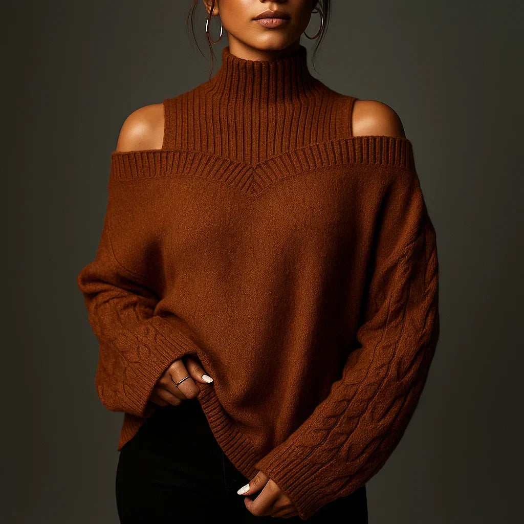 Damen Rollkragenpullover Mit Schulterfreiem Detail Und Strukturstrick