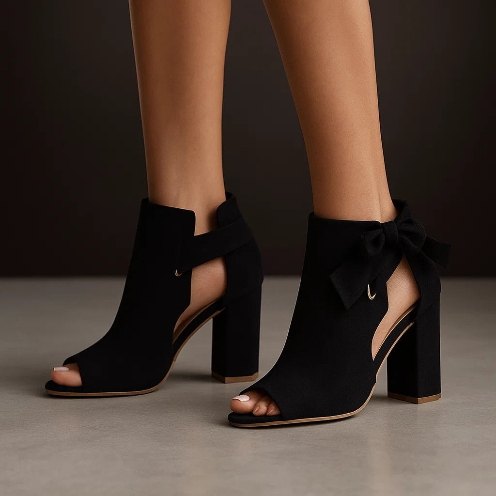 Damen Pumps Peeptoe Blockabsatz Schleifen Akzent