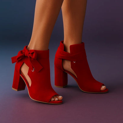 Damen Pumps Peeptoe Blockabsatz Schleifen Akzent