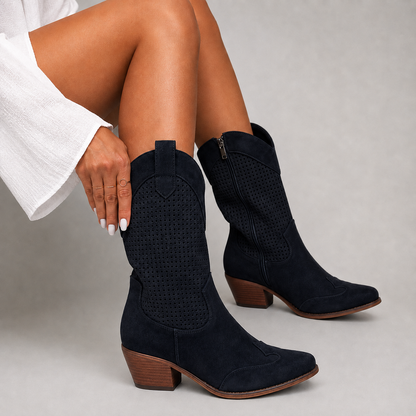 Damen Orthopädische Stiefeletten im Western Stil mit Wildleder Optik und Absatz