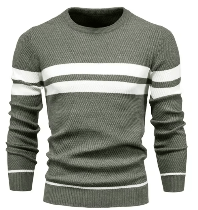 Grauer Herrenpullover mit weißen Streifen, Strickmuster, Rundhalsausschnitt, langärmelig. Modischer Winterpullover, bequem und stilvoll.