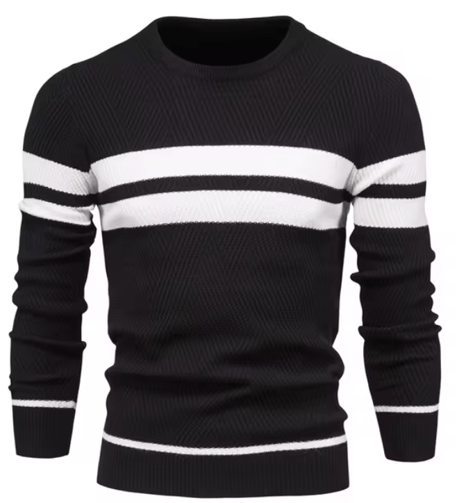 Schwarzer Herrenpullover mit weißen Streifen, Rundhalsausschnitt, langärmelig, modisches Design, ideal für Herbst- und Wintermode.