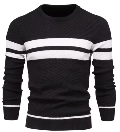 Schwarzer Herrenpullover mit weißen Streifen, Rundhalsausschnitt, langärmelig, modisches Design, ideal für Herbst- und Wintermode.