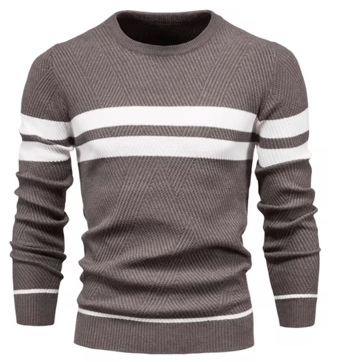Grauer Herrenpullover mit weißen Streifen, Rundhalsausschnitt und Rippstrickmuster. Modischer Strickpullover für Herbst und Winter.