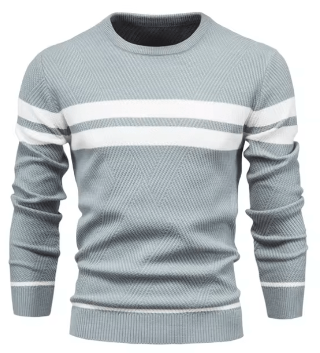 Grauer Herrenpullover mit weißen Streifen, Rundhalsausschnitt und langen Ärmeln. Modischer Strickpullover für Herbst und Winter.