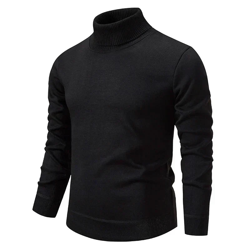 Schwarzer Rollkragenpullover für Herren, langärmelig, aus Baumwolle, modisch und warm, ideal für Herbst und Winter.