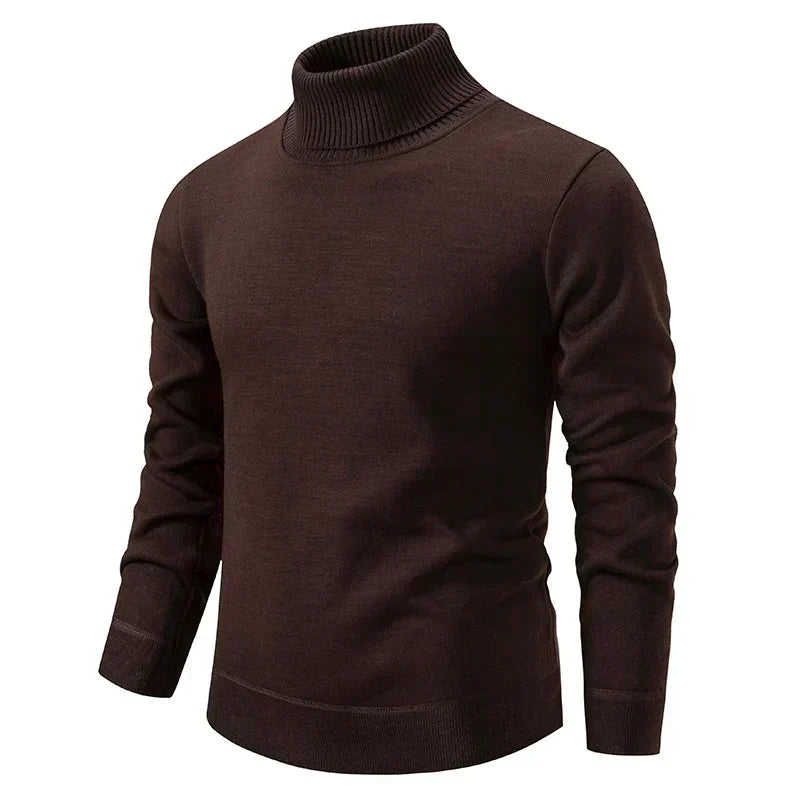 Brauner Rollkragenpullover aus Wolle, langärmelig, klassisches Design, ideal für Herbst- und Wintermode, Herrenbekleidung, stilvoll und warm.