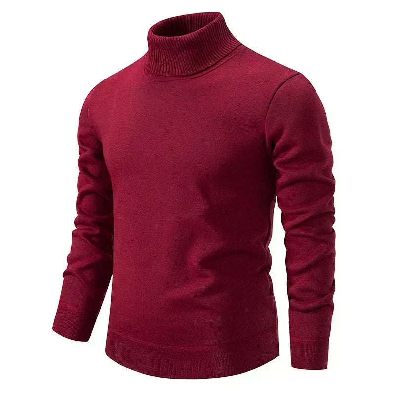 Roter Rollkragenpullover für Herren, aus weichem Strickmaterial, ideal für Herbst und Wintermode, stilvoll und warm.